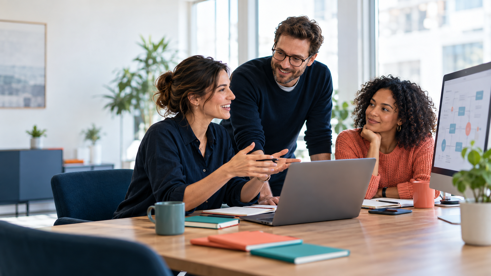 Illustration of consultants collaborating around screens in a bright office